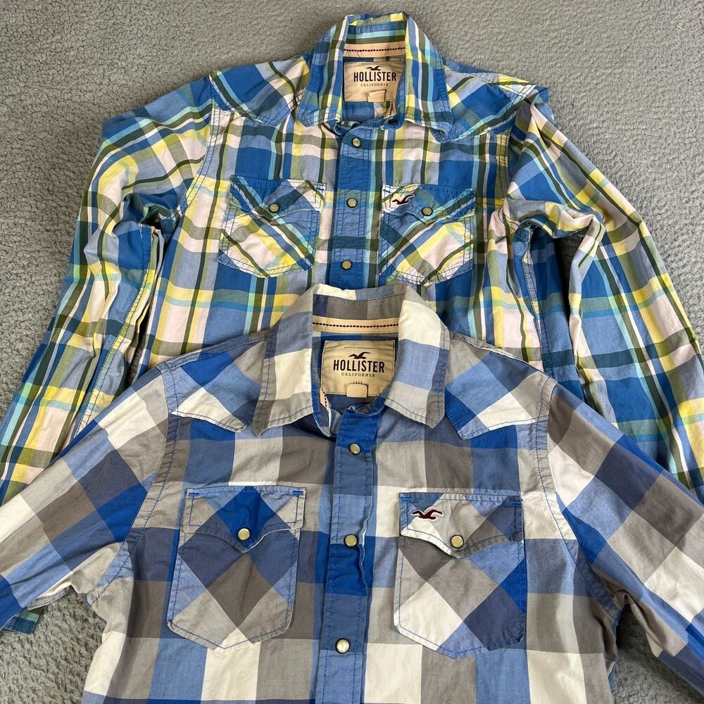 LOT OF 2 HOLISTER Shirts Mens S Blue Gray Plaid Pearl Snap Long Sleeve Western